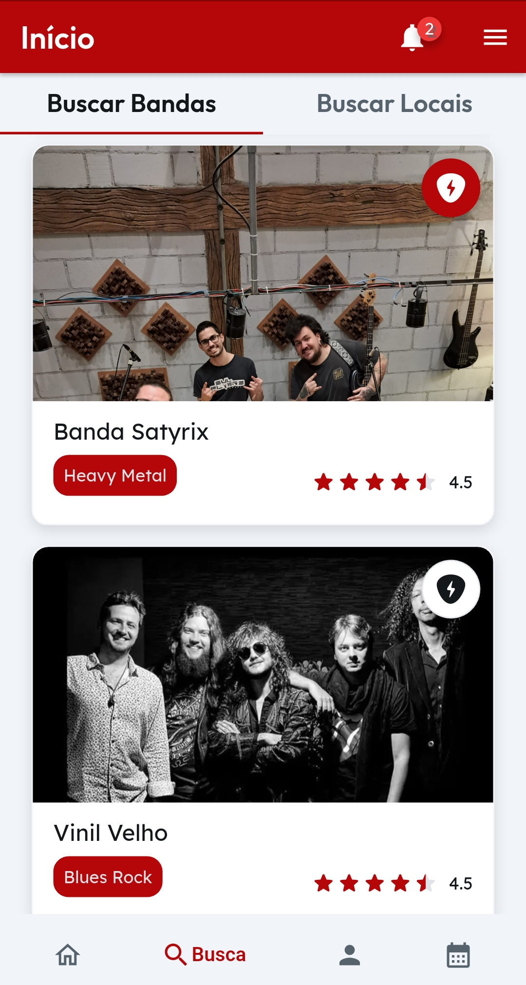 Tela inicial do app BandForge com lista de bandas